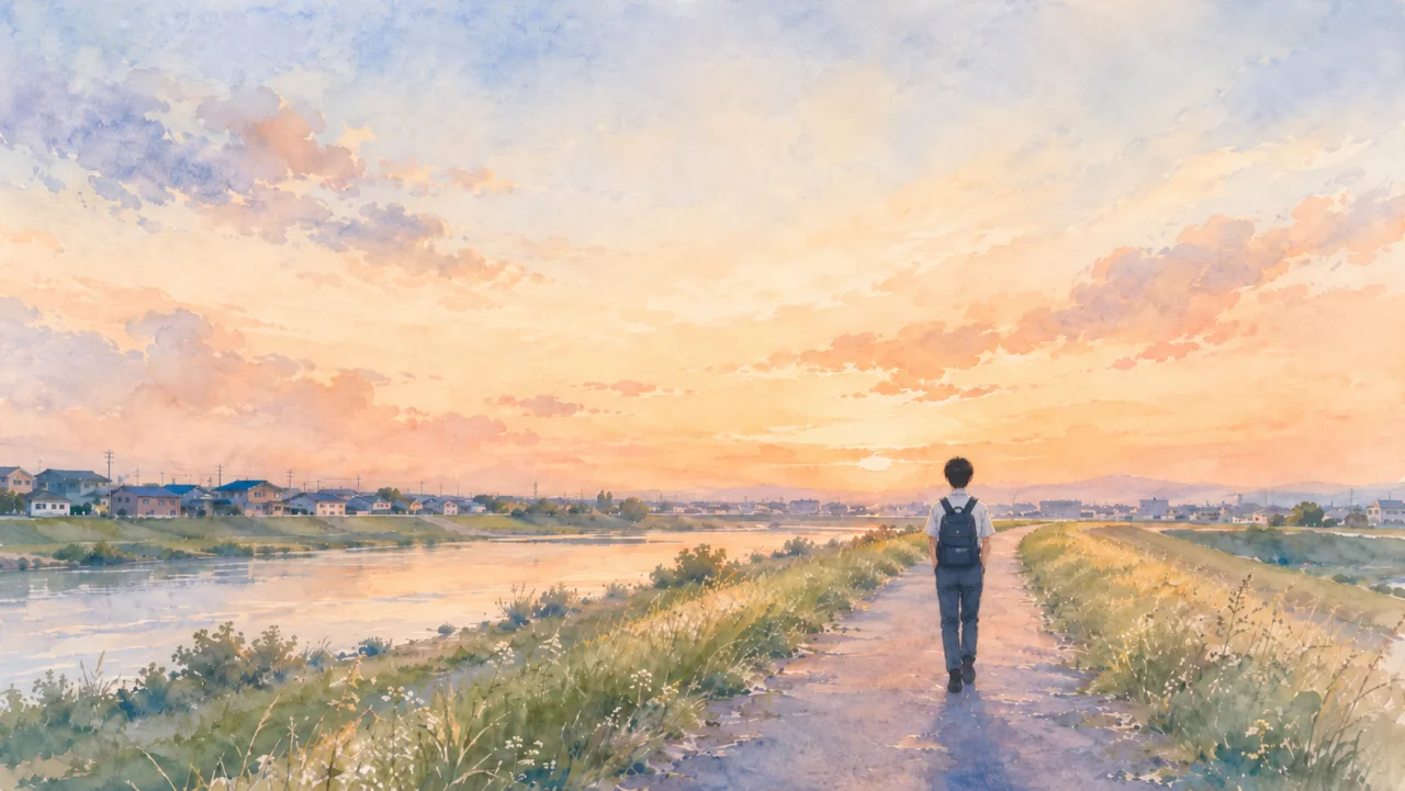 夏の夕方の土手道を、通学かばんを背負って歩いていく中学生の後ろ姿の水彩イラスト