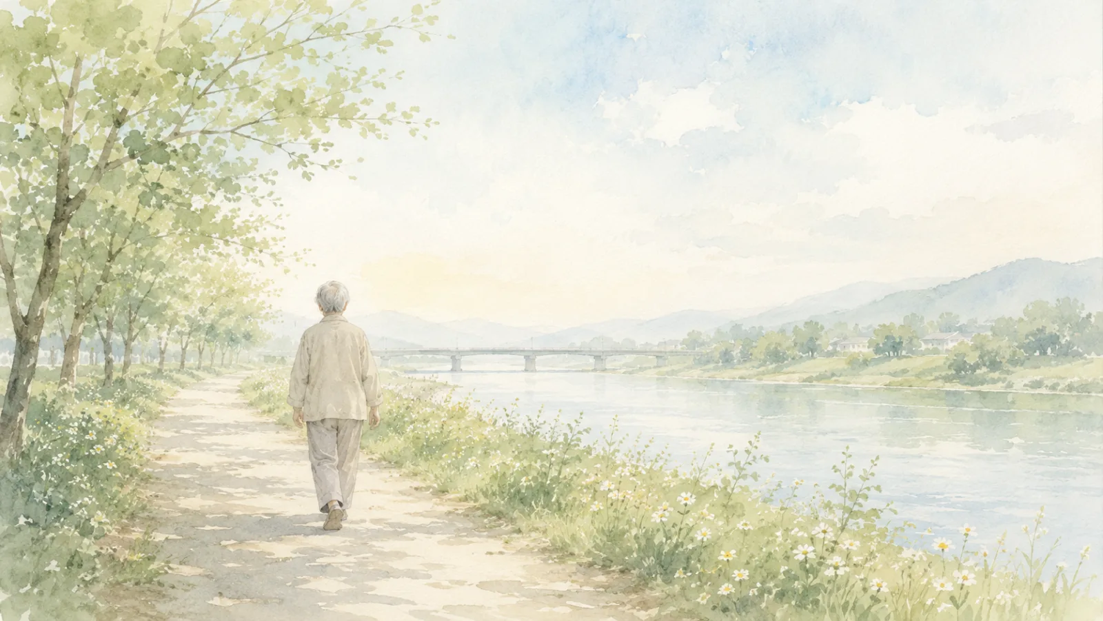 朝の散歩道をゆっくり歩く方の後ろ姿の水彩イラスト