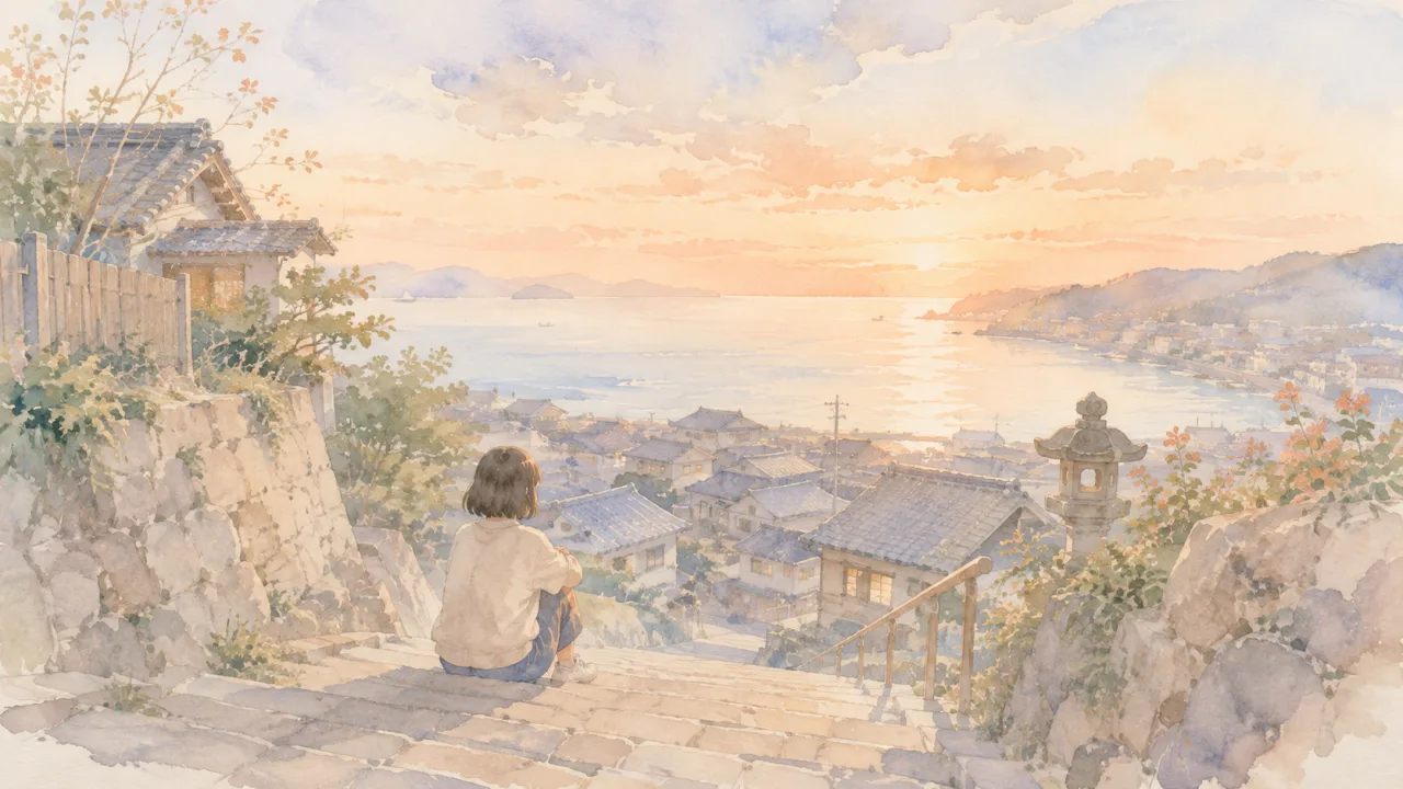 夕暮れの坂道の石段に腰かけて膝を抱えている子どもの後ろ姿の水彩イラスト