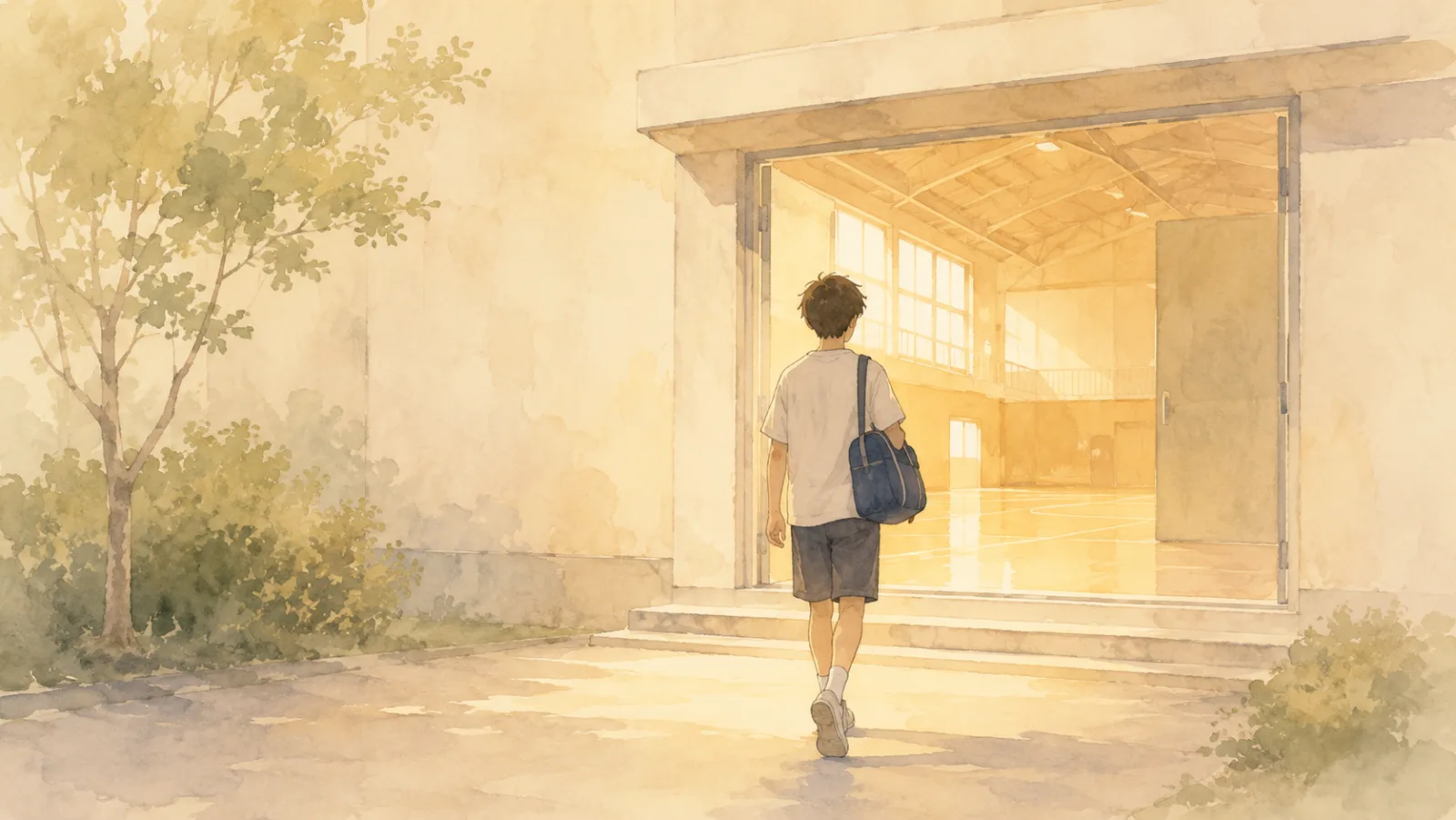夕方の体育館の入口をスポーツバッグを肩にかけて歩いていく男の子の後ろ姿の水彩イラスト