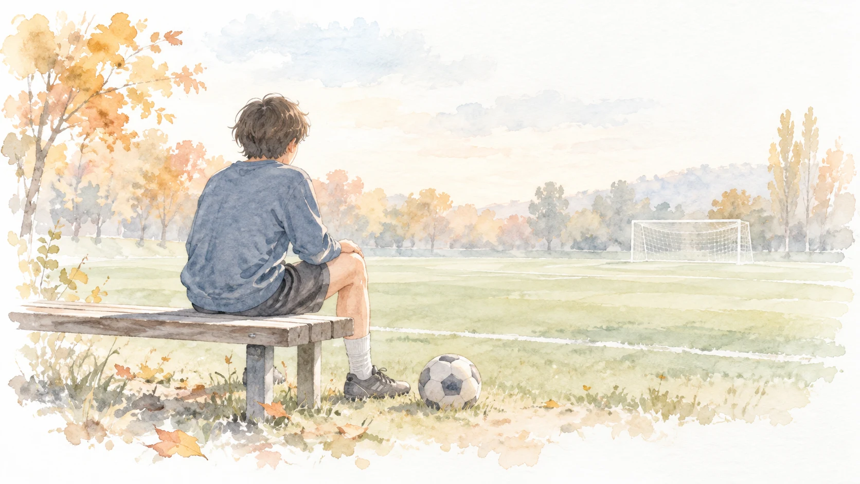 サッカー場のベンチに座って膝に手を添えるお子さんの後ろ姿を描いた水彩イラスト