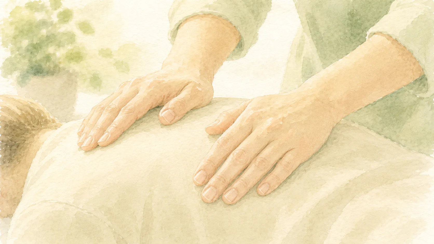 手のひらでやさしく背中に触れる施術の水彩イラスト