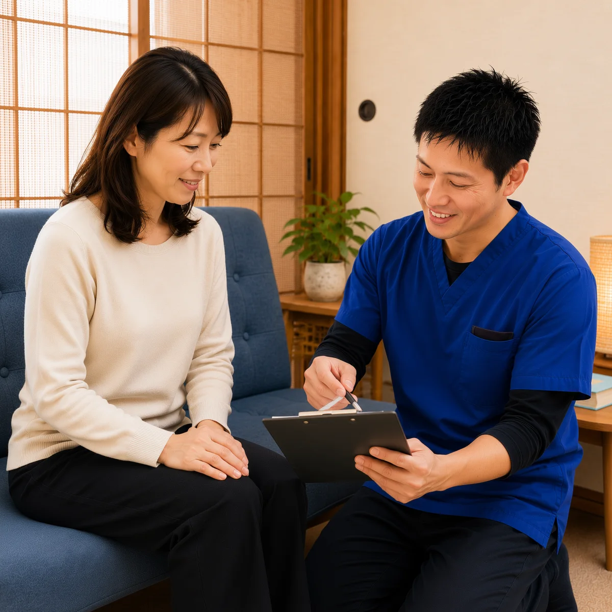 急な腰の痛みの不安について説明を受けながら相談する様子