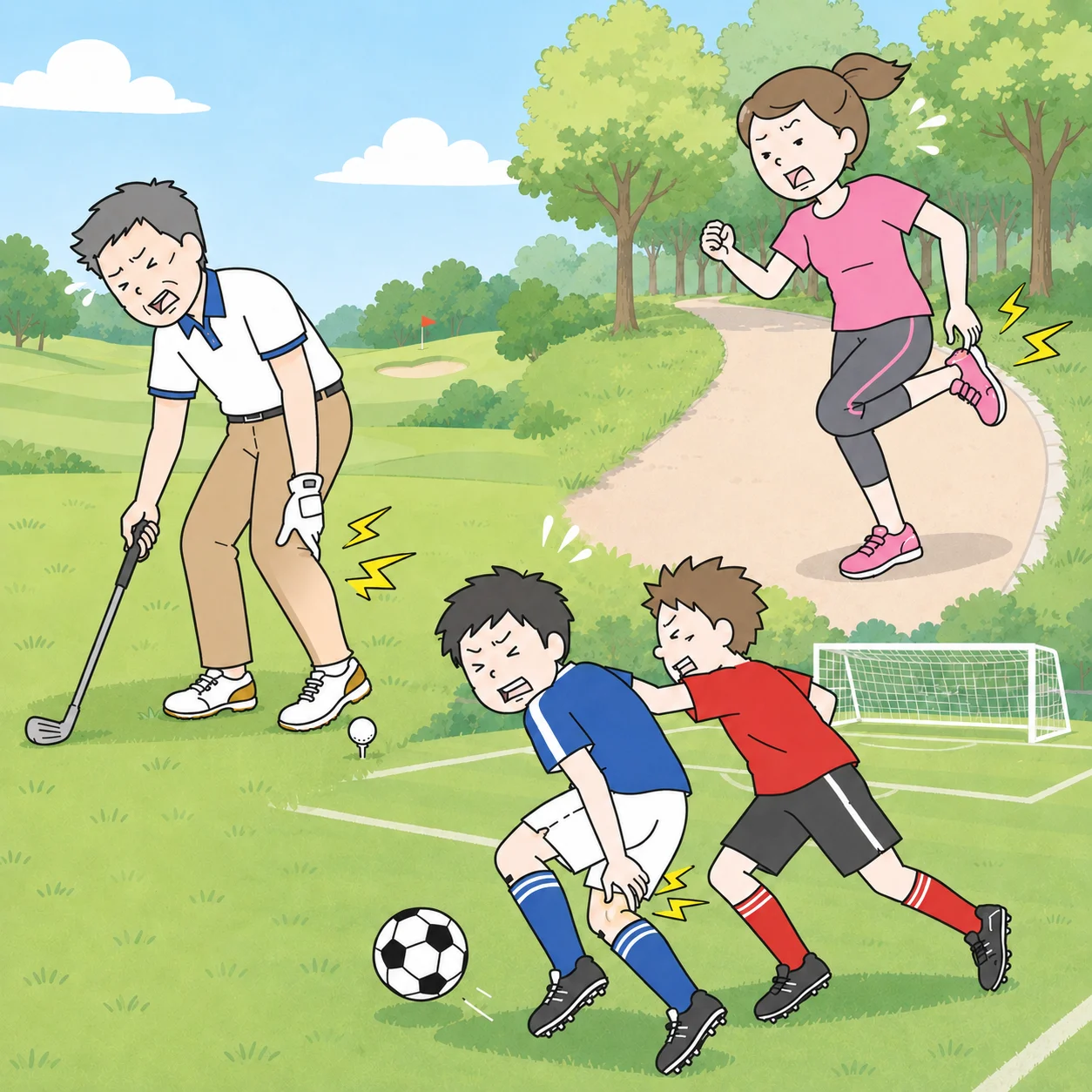 ゴルフ、ランニング、サッカーなどで肉離れを起こしやすい動きのイラスト